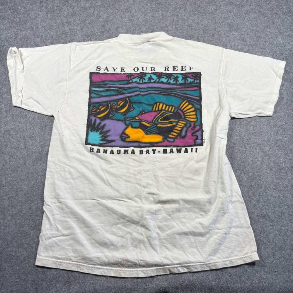 Tultex Vintage Hawaii Save Our Reef Hanauma‎ Bay Graphic T-Shirt White XL
